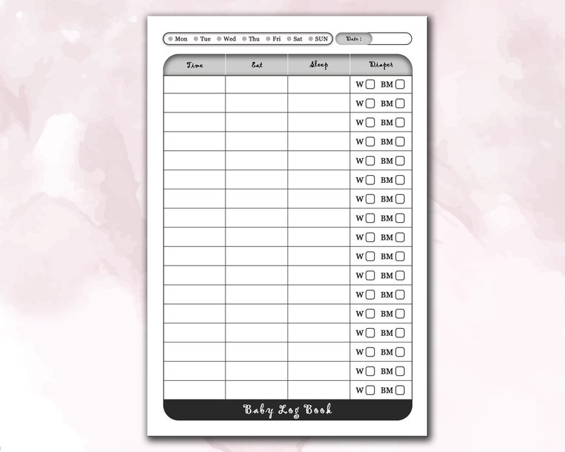 Op de afbeelding: Een zwart-witte printbare babylogboek met kolommen voor tijd, voeding, slaap en luierwissels. De luierkolom heeft vinkjes voor nat en ontlasting.