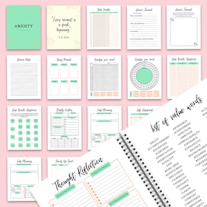 May include: An anxiety journal featuring a mint green cover with black text, alongside various interior page layouts including a dream journal, mood tracker, deep breath assistance, weekly outline, task planning, and a list of value words.