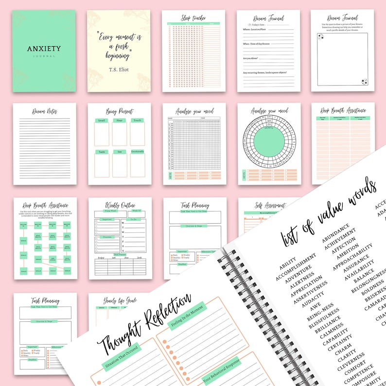 May include: An anxiety journal featuring a mint green cover with black text, alongside various interior page layouts including a dream journal, mood tracker, deep breath assistance, weekly outline, task planning, and a list of value words.