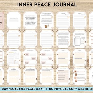 K&ouml;nnte beinhalten: Ein druckbares Journal mit wei&szlig;em Hintergrund und braunen floralen Akzenten. Das Cover zeigt eine Taube und den Text "Inner Peace Journal". Das Journal umfasst &uuml;ber 60 Seiten und soll den Nutzern helfen, inneren Frieden zu finden.