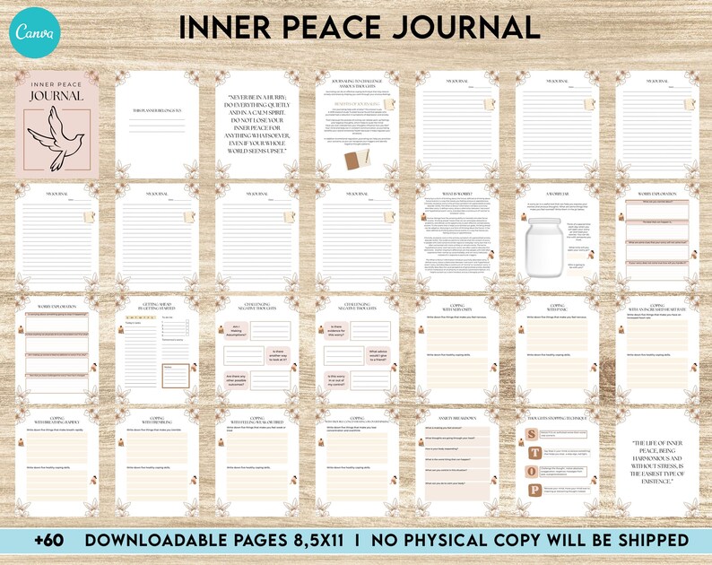 K&ouml;nnte beinhalten: Ein druckbares Journal mit wei&szlig;em Hintergrund und braunen floralen Akzenten. Das Cover zeigt eine Taube und den Text "Inner Peace Journal". Das Journal umfasst &uuml;ber 60 Seiten und soll den Nutzern helfen, inneren Frieden zu finden.