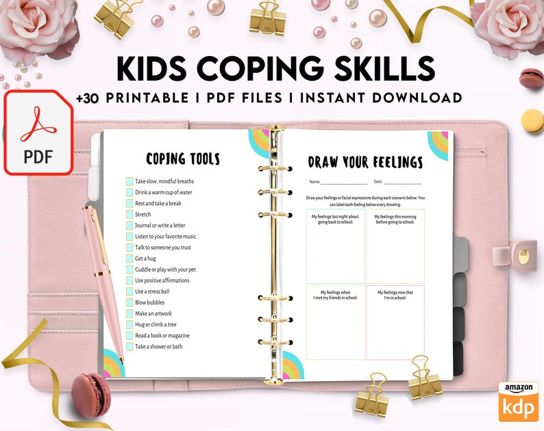 May include: A pink binder with a rainbow design on the cover. The binder has a page open to a printable worksheet titled "Coping Tools" with a list of coping skills for kids. The next page is titled "Draw Your Feelings" and has a worksheet for kids to draw their feelings in different situations.