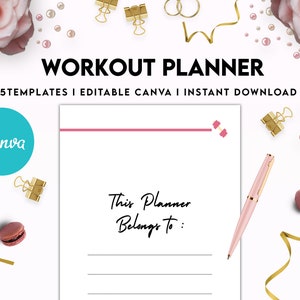May include: A digital download of 25 printable workout planner templates. The templates are editable in Canva and feature a pink and white color scheme. The text "WORKOUT PLANNER" is displayed in black at the top of the image. The text "This Planner Belongs to:" is displayed in black cursive writing on a white background.