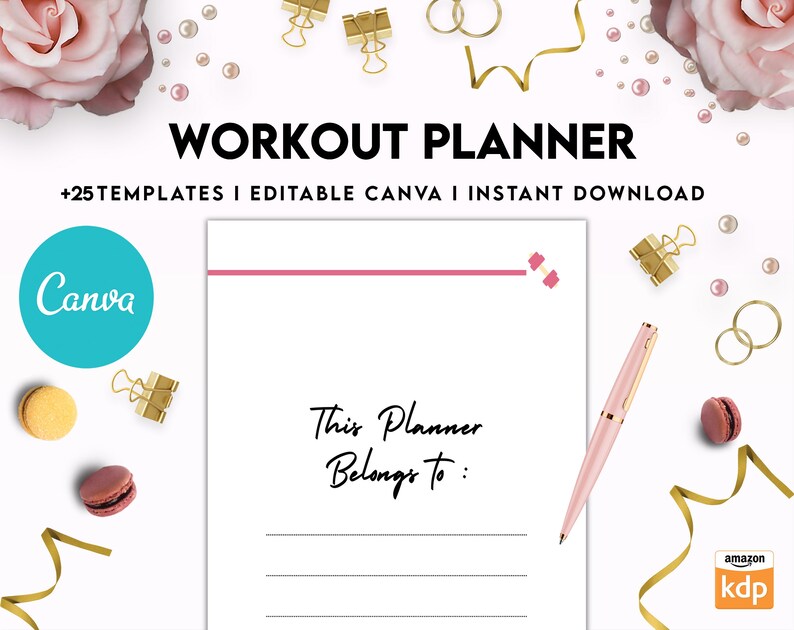 May include: A digital download of 25 printable workout planner templates. The templates are editable in Canva and feature a pink and white color scheme. The text "WORKOUT PLANNER" is displayed in black at the top of the image. The text "This Planner Belongs to:" is displayed in black cursive writing on a white background.