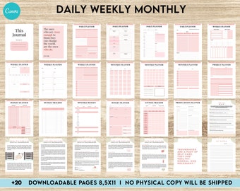 Canva Daily Weekly Monthly Planner 20 Templates for Journal, Canva KDP Planner editable interiors Bundle COMMERCIAL USE