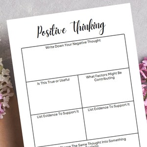 Puede incluir: Una hoja de trabajo imprimible con un dise&ntilde;o de cuadr&iacute;cula para ejercicios de pensamiento positivo. La hoja de trabajo incluye el texto "Positive Thinking" y indicaciones para escribir pensamientos negativos, identificar factores contribuyentes y enumerar evidencia para apoyar o refutar el pensamiento negativo.