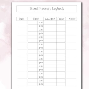 May include: A printable blood pressure logbook with columns for date, time, systolic/diastolic blood pressure, pulse, and notes.