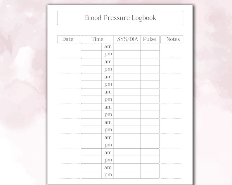 May include: A printable blood pressure logbook with columns for date, time, systolic/diastolic blood pressure, pulse, and notes.