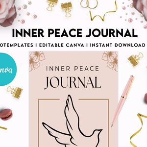 K&ouml;nnte beinhalten: Ein rosa-goldener Journal-Umschlag mit einem Tauben-Design und dem Text "INNER PEACE JOURNAL". Der Umschlag ist mit floralen Akzenten und einem goldenen Rahmen verziert. Der Text "+60TEMPLATES I EDITABLE CANVA I INSTANT DOWNLOAD" ist ebenfalls enthalten.