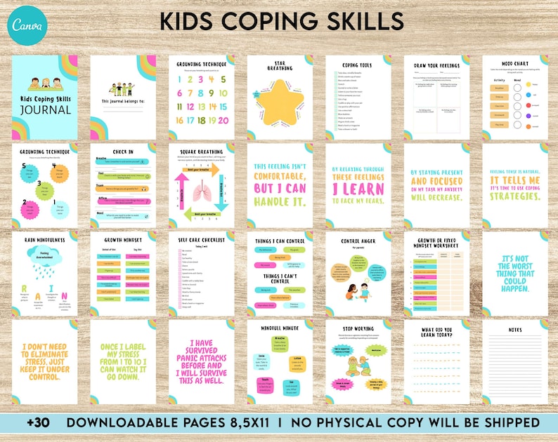 May include: A printable journal with colorful pages designed to help kids learn coping skills. The journal includes activities like grounding techniques, square breathing, and mindfulness exercises. The title of the journal is "Kids Coping Skills Journal".