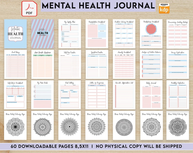 Mental Health Guided therapy journal With Prompts 60 Pages, Printable journal. image 1