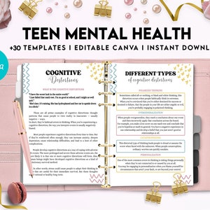 May include: A pink planner binder containing a printed page titled TEEN MENTAL HEALTH with sections on COGNITIVE DISTORTIONS, DIFFERENT TYPES of cognitive distortions, POLARIZED THINKING, OVERGENERALIZATION, CATASTROPHIZING, and PERSONALIZATION.