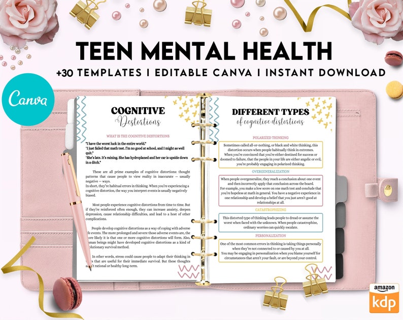 May include: A pink planner binder containing a printed page titled TEEN MENTAL HEALTH with sections on COGNITIVE DISTORTIONS, DIFFERENT TYPES of cognitive distortions, POLARIZED THINKING, OVERGENERALIZATION, CATASTROPHIZING, and PERSONALIZATION.