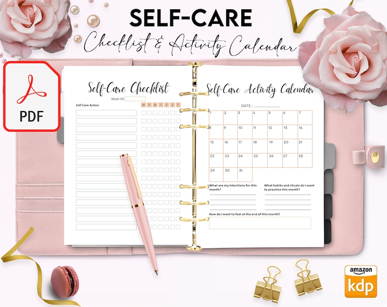 Puede incluir: Una lista de verificaci&oacute;n y un calendario imprimibles para el cuidado personal. La lista de verificaci&oacute;n tiene una secci&oacute;n para acciones de cuidado personal y una cuadr&iacute;cula para realizar un seguimiento de las actividades diarias. El calendario tiene una cuadr&iacute;cula mensual con espacio para intenciones, h&aacute;bitos y sentimientos al final del mes.