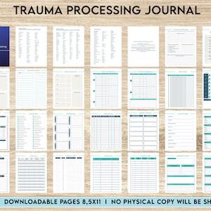 May include: A printable PDF journal with 41 pages designed to help process trauma. The cover is blue with the text "Trauma Processing Journal" in white. The journal includes pages for tracking triggers, emotions, and self-care.