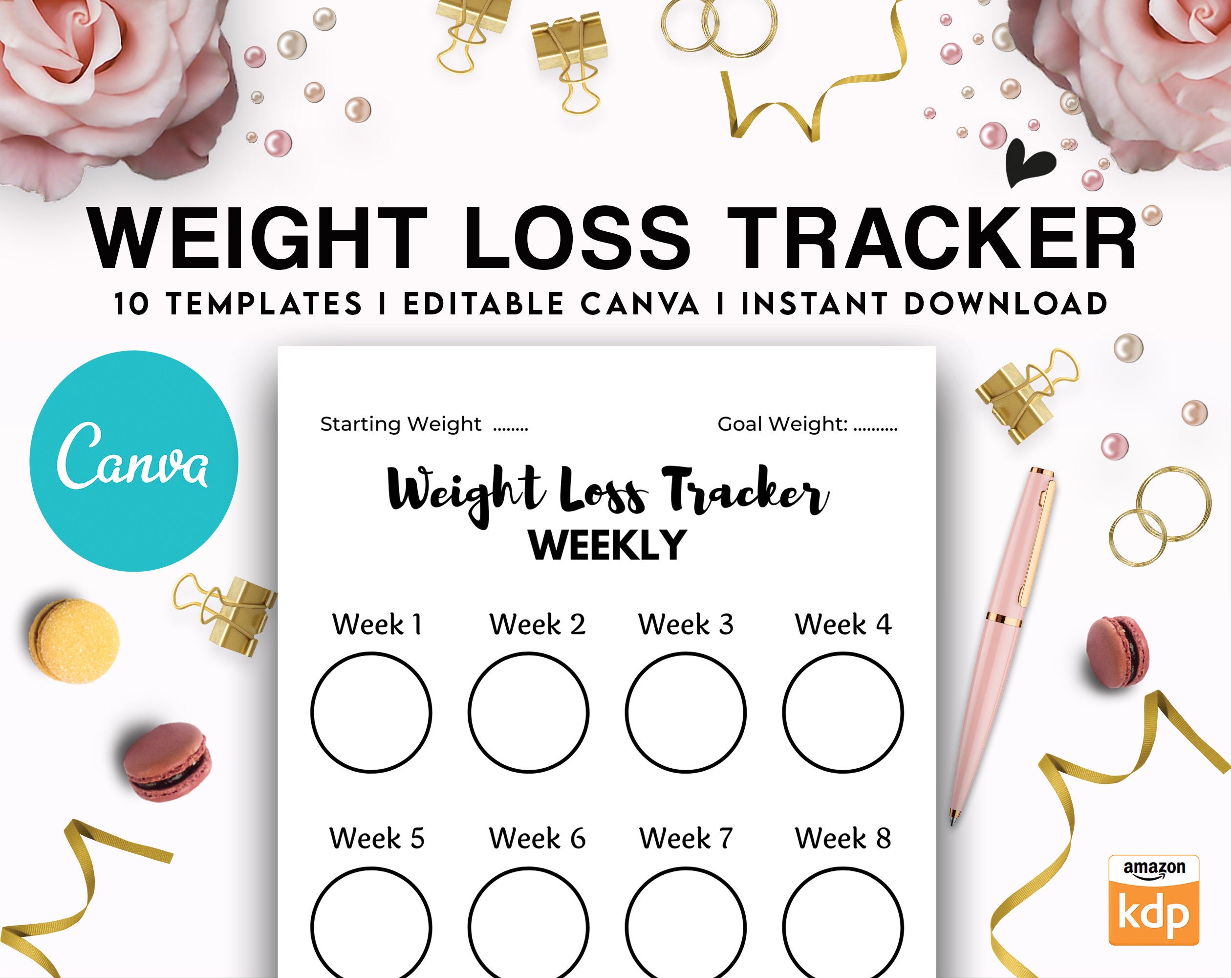Canva Fitness & Weight Loss Tracker Journal 10 Editable Templates ...
