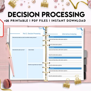 May include: A pink and white planner with a blue and white page open to a section titled "Decision Processing". The page includes a section for "Alternatives Analyzing" with prompts for listing alternatives, good and bad points, and rating each alternative.