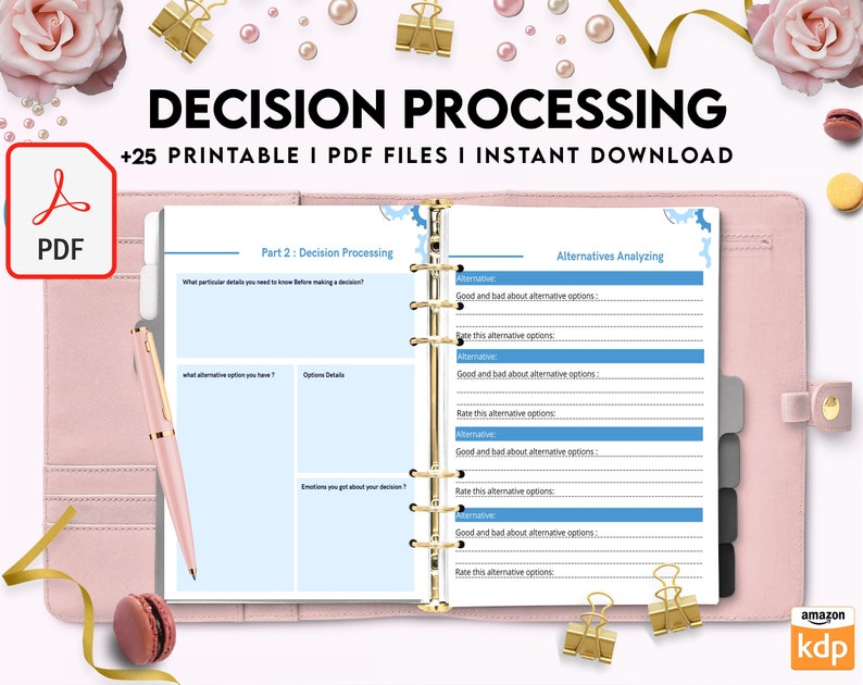 May include: A pink and white planner with a blue and white page open to a section titled "Decision Processing". The page includes a section for "Alternatives Analyzing" with prompts for listing alternatives, good and bad points, and rating each alternative.