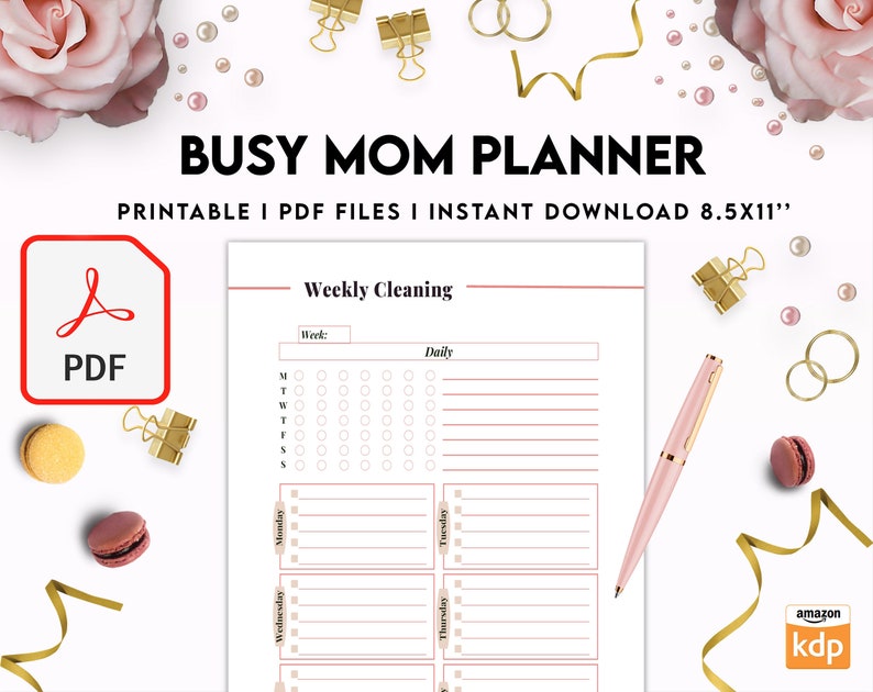 Puede incluir: Planificador de limpieza semanal imprimible en formato PDF. El planificador tiene un esquema de color rosa y blanco e incluye secciones para tareas diarias, tareas semanales y una lista de verificaci&oacute;n para cada d&iacute;a de la semana. El planificador mide 8,5 x 11 pulgadas.