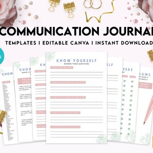 May include: Communication Journal Canva templates with a pink and green floral design. The journal includes pages for "Know Yourself", "Know the Situation", "Needs", and "Laws".