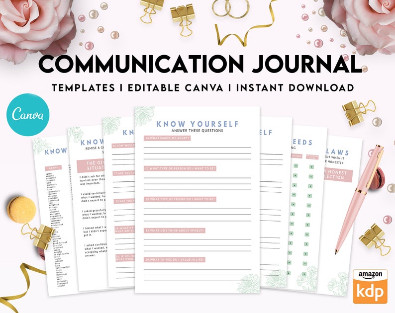 May include: Communication Journal Canva templates with a pink and green floral design. The journal includes pages for "Know Yourself", "Know the Situation", "Needs", and "Laws".