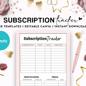 May include: A subscription tracker template with a pink border featuring columns for subscription, cost, due date, and usage. The document includes sections for need to cancel and trials, with the text Subscription Tracker at the top of the page.