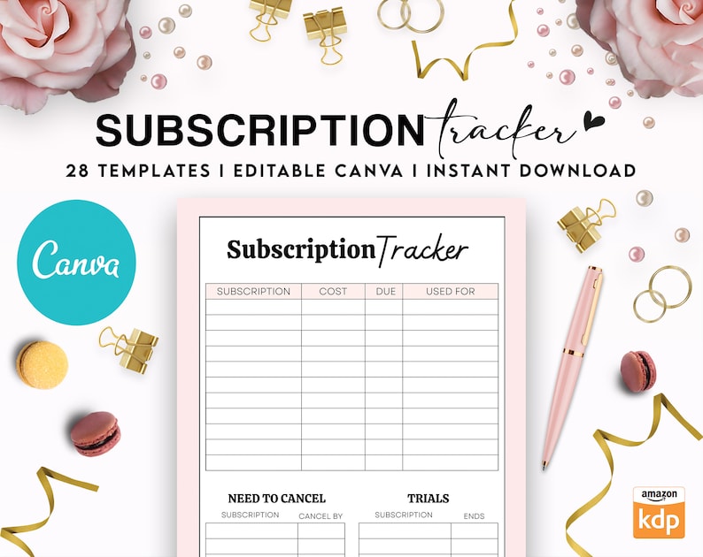 May include: A subscription tracker template with a pink border featuring columns for subscription, cost, due date, and usage. The document includes sections for need to cancel and trials, with the text Subscription Tracker at the top of the page.
