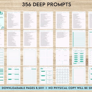 May include: A digital download of 356 deep prompts for self-reflection and journaling. The cover features a cartoon illustration of a person meditating with a teal background and green leaves. The text "356 Deep Prompts" is in a bold, black font.