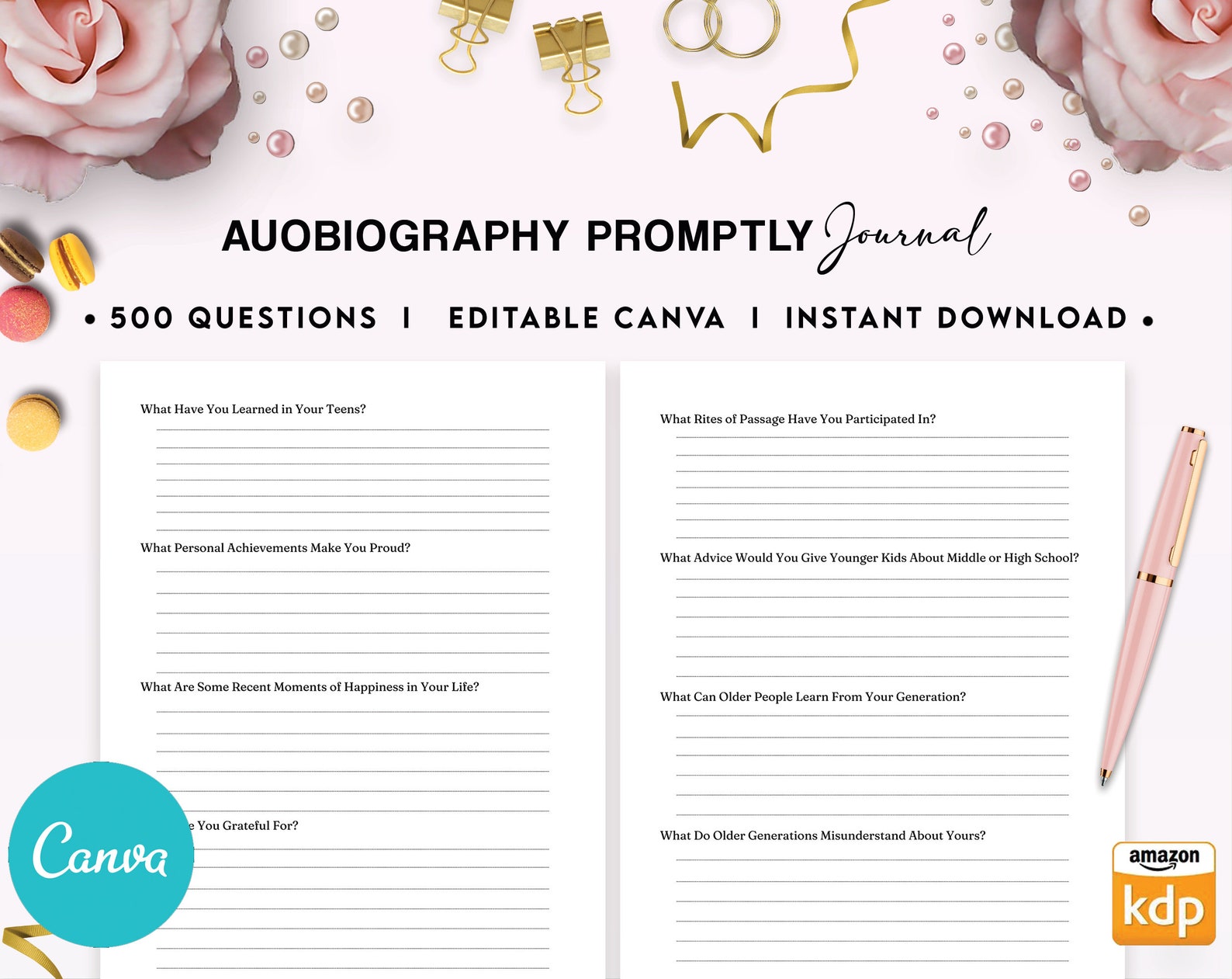 Autobiography Promptly Journal With 500 Questions 100 Editable ...