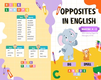opposite words in english Activity book PDF File 8.5x11 inch For Kids aged 2-4 4-8,  KDP interior Ready To Upload COMMERCIAL Use
