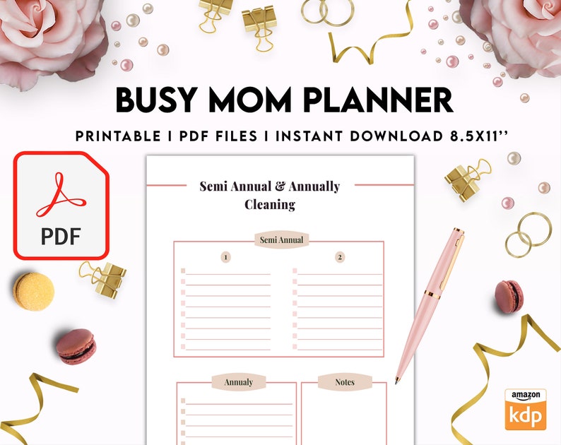 Puede incluir: Planificador PDF imprimible para mam&aacute;s ocupadas, con una lista de verificaci&oacute;n para tareas de limpieza semestrales y anuales. El planificador mide 8,5 x 11 pulgadas e incluye secciones para notas.