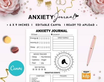 Anxiety Journal 6x9" Canva Editable Template, Canva KDP editable interior for men women, digital and printable