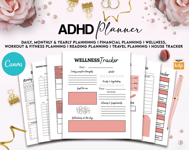 Customizable Adult ADHD journal, Adhd Life Planner Printable bundle, +160 editable Canva Templates, Planners, trackers, checklist. image 2