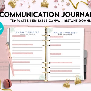 May include: A pink and gold communication journal with the text "KNOW YOURSELF" and "ANSWER THESE QUESTIONS" on the pages. The journal is open to a page with a list of questions to help you get to know yourself better. The journal is designed to be used with Canva and is available for instant download.