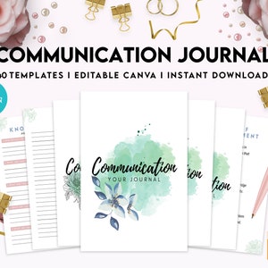 May include: A digital download of 40 printable communication journal templates. The templates are editable in Canva and feature a watercolor background with floral designs. The text "Communication Your Journal" is featured on the cover.