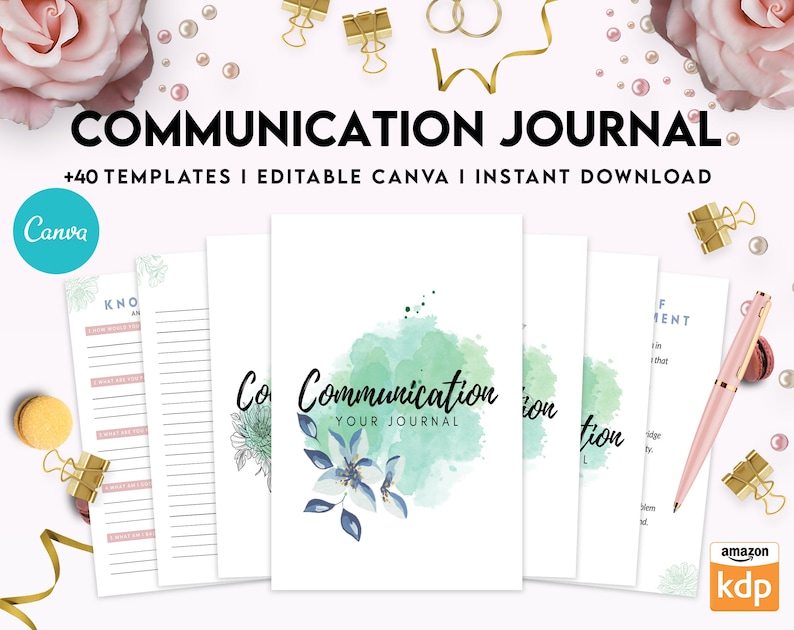 May include: A digital download of 40 printable communication journal templates. The templates are editable in Canva and feature a watercolor background with floral designs. The text "Communication Your Journal" is featured on the cover.