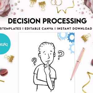 May include: A black and white illustration of a person thinking with question marks above their head. The image is surrounded by decorative elements like gold ribbons, paper clips, and macarons. The text "DECISION PROCESSING" is at the top of the image, and the text "Canva" is in a blue circle on the left side of the image.