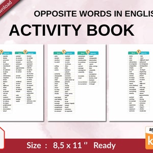 Opposite Words in English Activity Book PDF File 8.5x11 Inch for Kids ...
