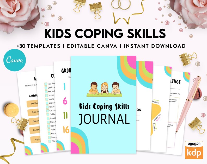 May include: A set of printable worksheets for kids coping skills. The worksheets are designed to be used with Canva and include a journal cover with a rainbow design and the text "Kids Coping Skills Journal".