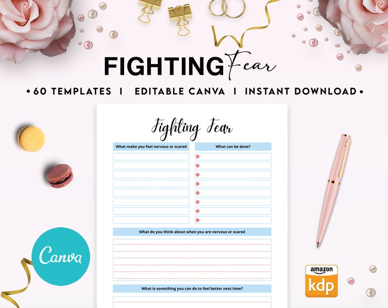 May include: A printable worksheet titled "Fighting Fear" with a light blue background and pink bullet points. The worksheet includes prompts to help users identify what makes them nervous or scared, what they can do about it, what they think about when they are nervous or scared, and what they can do to feel better next time.