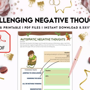 Challenging Negative Thoughts, CBT Printable Worksheets, Self Care ...