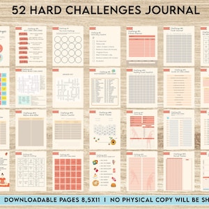 52 hard challenges, Daily chanllenges, diet, fitness, food, health, progress tracker, self care challenges, happiness, workout , 8,5x11"