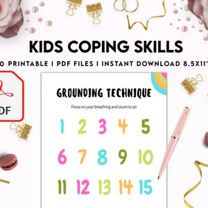 May include: Printable PDF download of 30 coping skills for kids, including a grounding technique with colorful numbers 1-15. The text "KIDS COPING SKILLS" is at the top of the image.