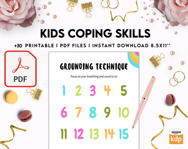 May include: Printable PDF download of 30 coping skills for kids, including a grounding technique with colorful numbers 1-15. The text "KIDS COPING SKILLS" is at the top of the image.