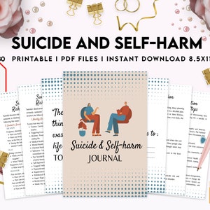Pode incluir: Um diário PDF imprimível com fundo bege e bolinhas azuis. A capa apresenta uma ilustração simples de duas pessoas sentadas em cadeiras. O texto na capa diz "Suicide & Self-harm Journal".