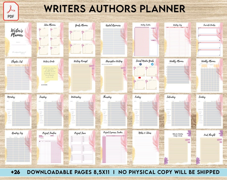 May include: A printable planner for writers and authors with a pink and yellow floral design. The planner includes pages for chapter lists, writing prompts, weekly schedules, and more. The text "Writers Authors Planner" is at the top of the page.