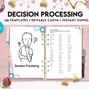 May include: A pink planner with a white page open to a section titled "Decision Processing". The page has a cartoon illustration of a person thinking and a list of feelings. The planner has gold rings and a gold clip.