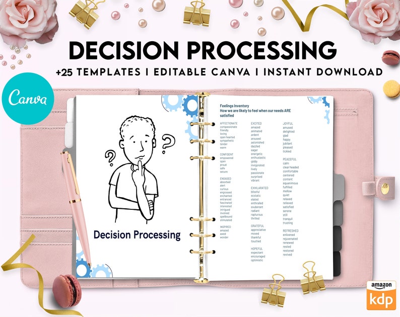 May include: A pink planner with a white page open to a section titled "Decision Processing". The page has a cartoon illustration of a person thinking and a list of feelings. The planner has gold rings and a gold clip.