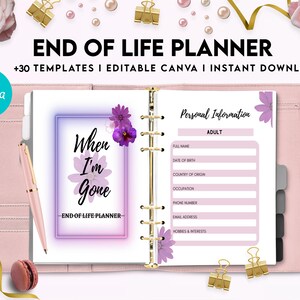 Puede incluir: Un planificador rosa y blanco con el t&iacute;tulo "End of Life Planner" y el texto "When I'm Gone" en la portada. El planificador tiene un encuadernador de anillas dorado y est&aacute; decorado con flores moradas.