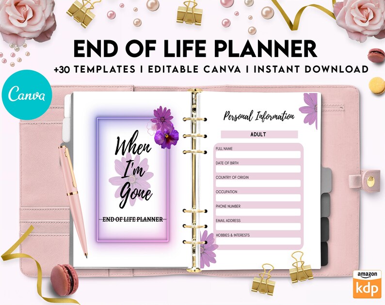 Puede incluir: Un planificador rosa y blanco con el t&iacute;tulo "End of Life Planner" y el texto "When I'm Gone" en la portada. El planificador tiene un encuadernador de anillas dorado y est&aacute; decorado con flores moradas.